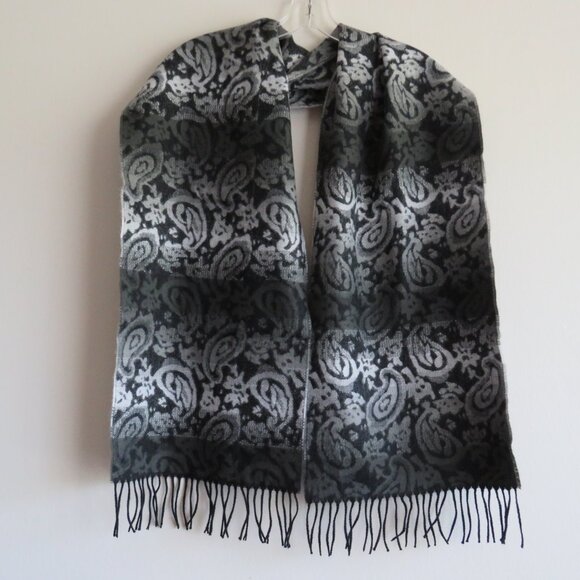 Softer Than Cashmere Black Gray Paisley Motif Unisex Scarf with Fringe - Picture 7 of 12